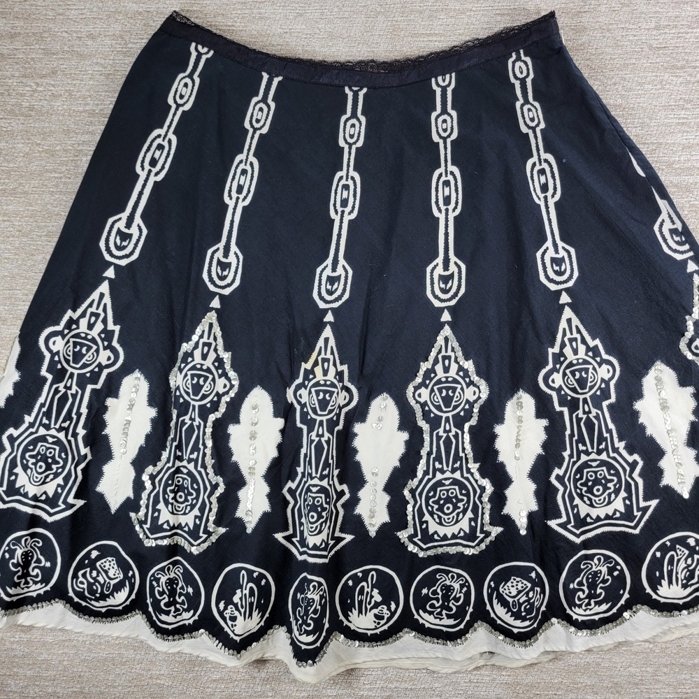 i.e. Petite Skirt 16P Black White Sequin Lace Trim A Line Boho Print Whimsigoth